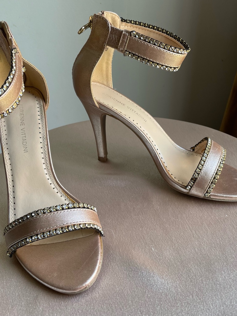Adrienne Vittadini Rose Gold Crystal-Trim Ankle-Strap Heels